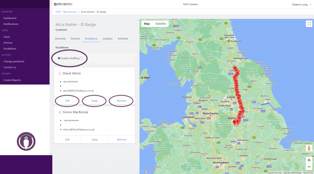 Emergency escalation contact management using First2HelpYou Connect portal